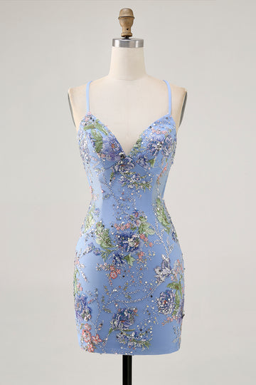 Floral Blue Appliqued Homecoming Dress with Sequins